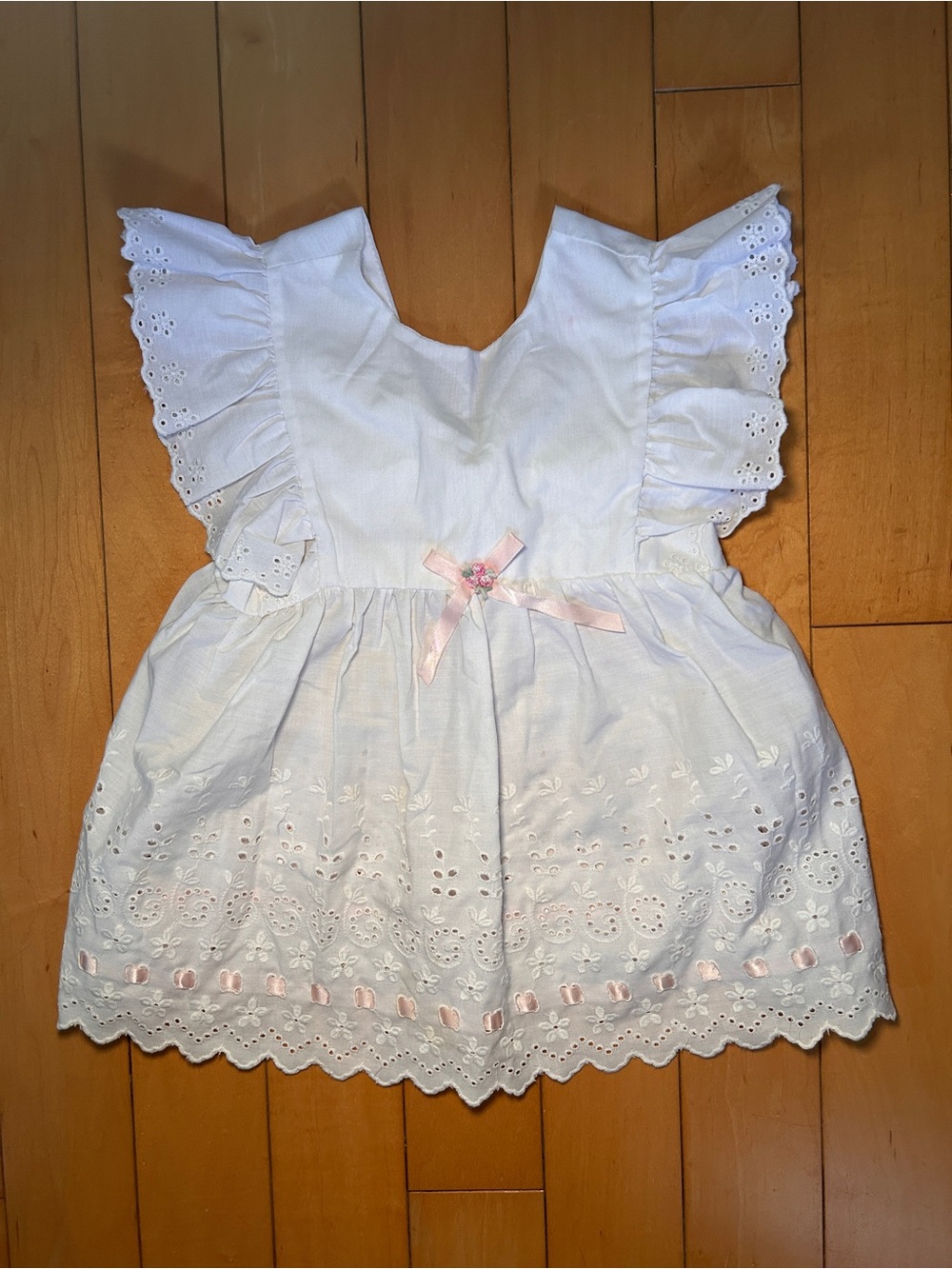 Vintage 80’s Toddler White Eyelet Dress with Pink Ribbon Detail